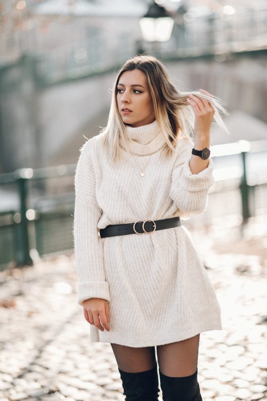 tenue blanche manteau moumoute robe pull